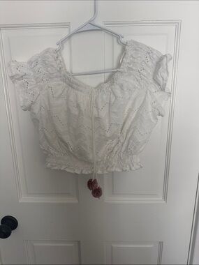 Moon River White Eyelet Off-Shoulder Crop Top with Pom Tassels
